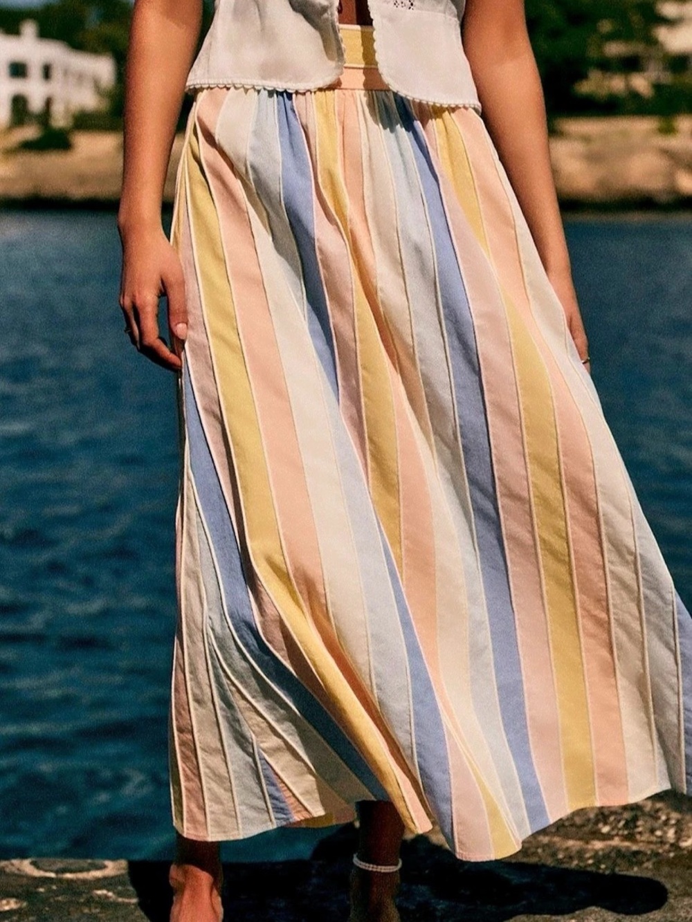Sézane - Siloe Striped Midi Skirt in Pastel Stripes Size 2/34 NWT